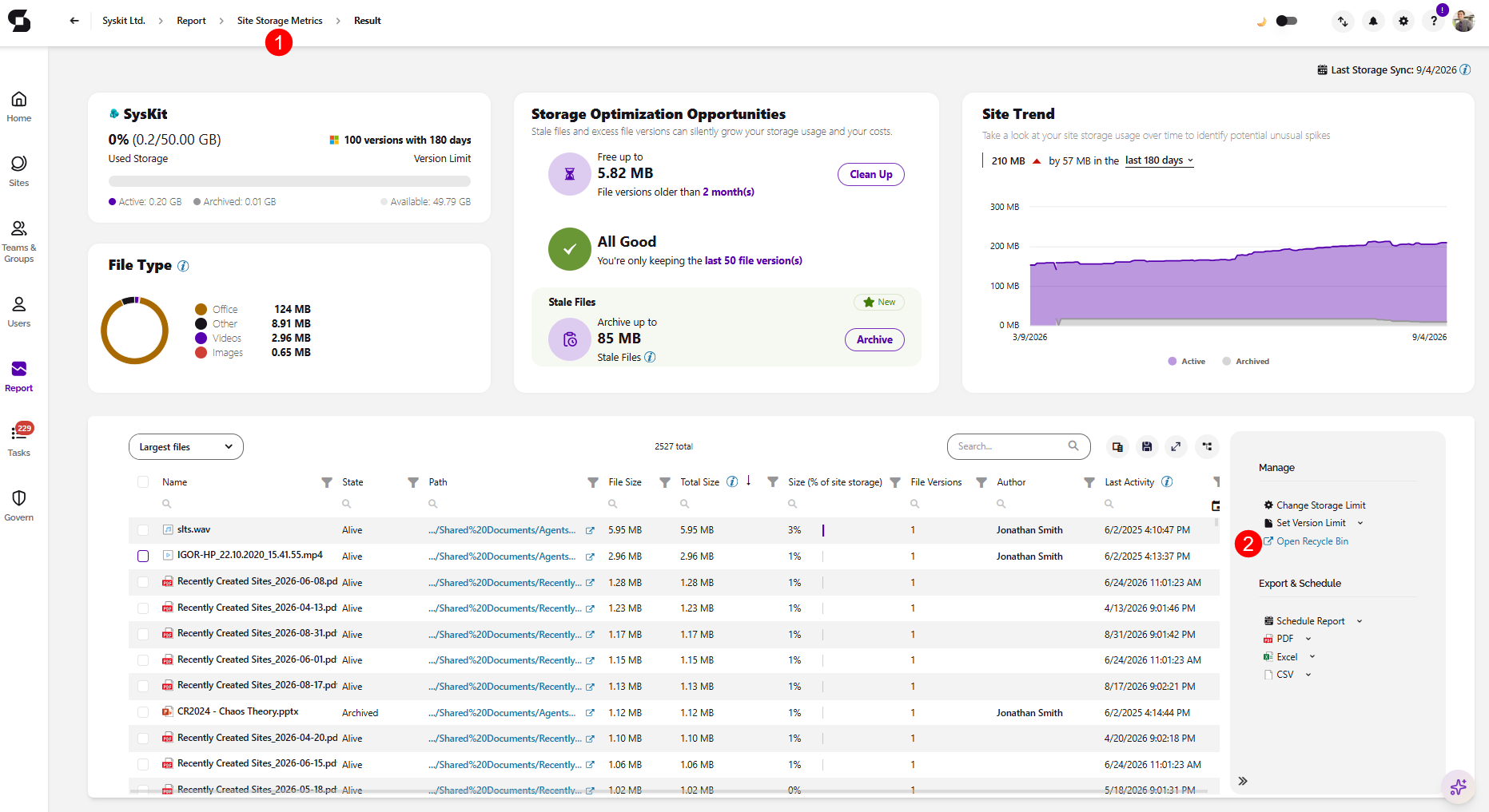 Site Storage Metrics Report- Open Recycle Bin