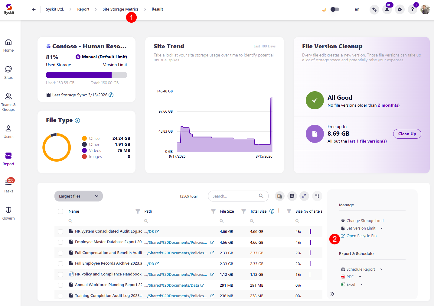 Site Storage Metrics Report- Open Recycle Bin