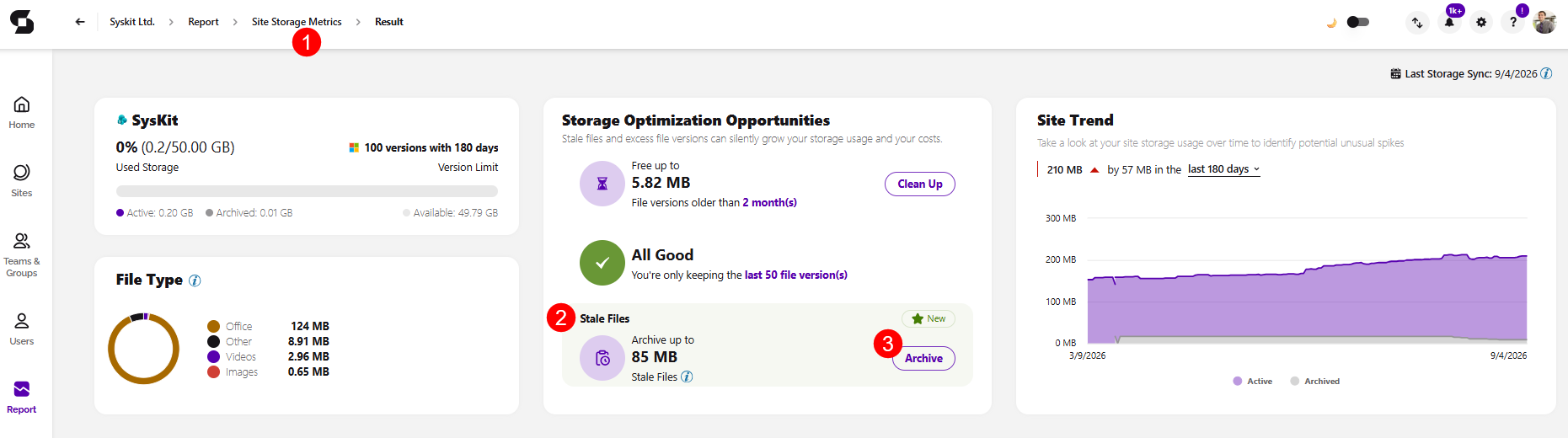 Site Storage Metrics Report- Archive Stale Files