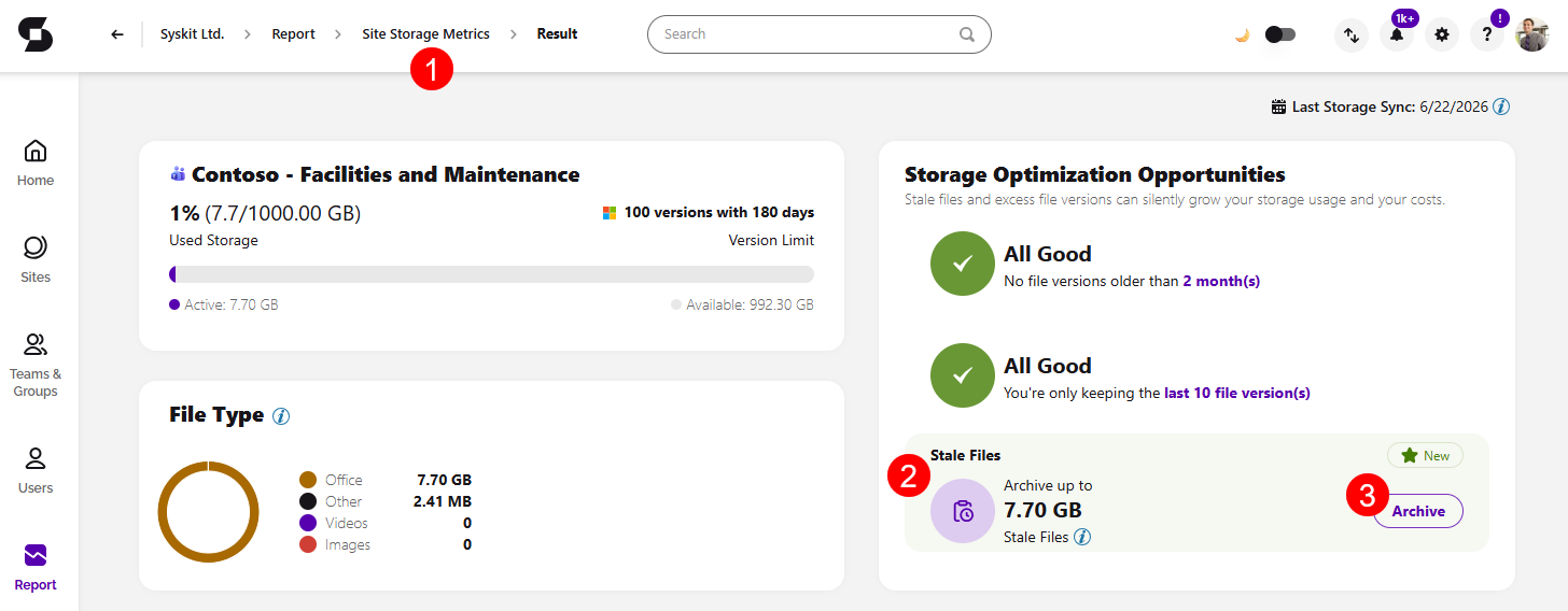 Site Storage Metrics Report- Archive Stale Files