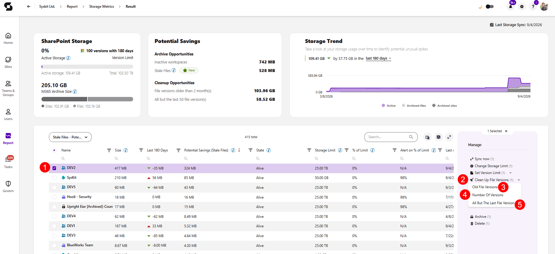Storage Metrics Report- Clean Up File Versions