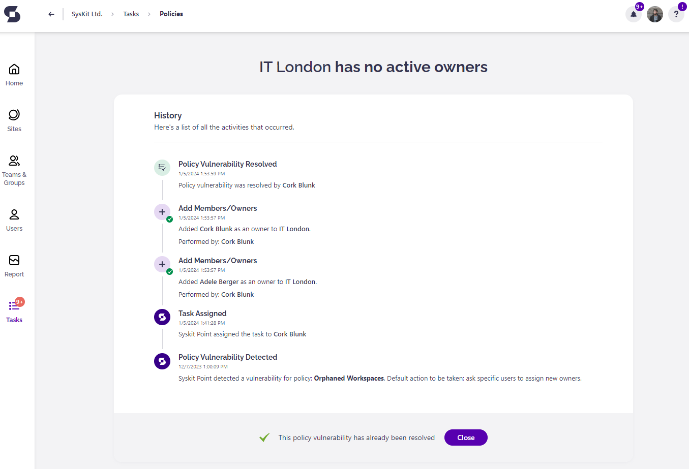 Policy Vulnerability History Screen