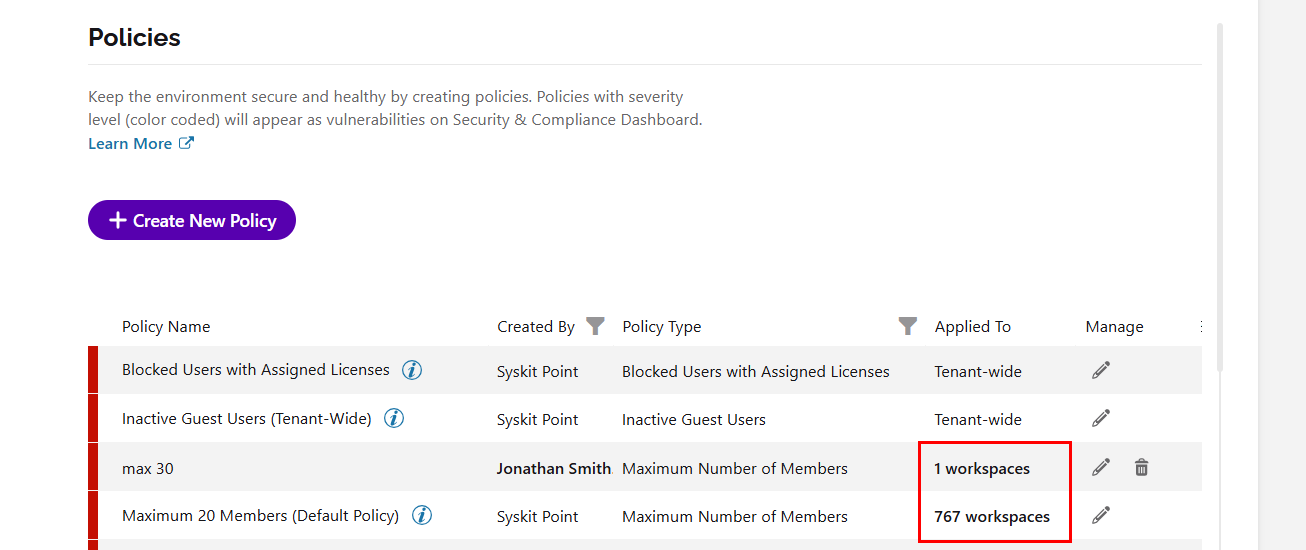 Policy Impact - Settings > Policies