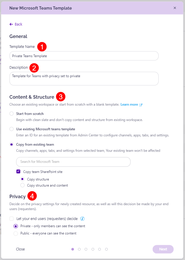 New Teams Template Dialog - Step 1