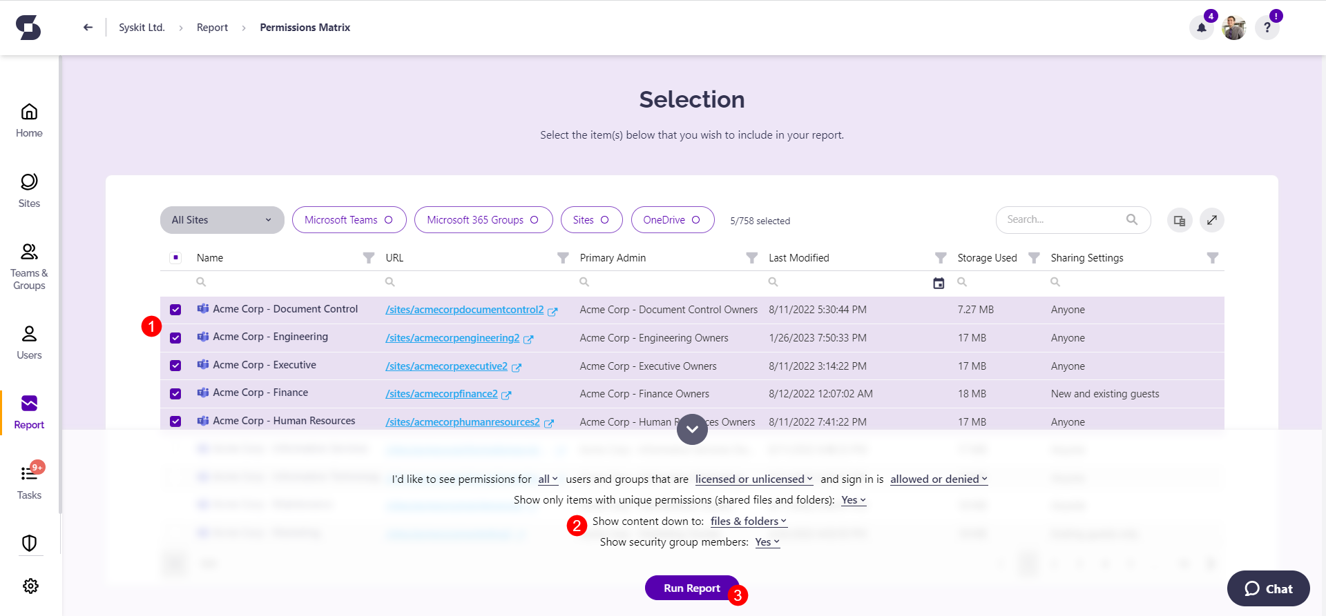 Generating Reports - Selection Screen
