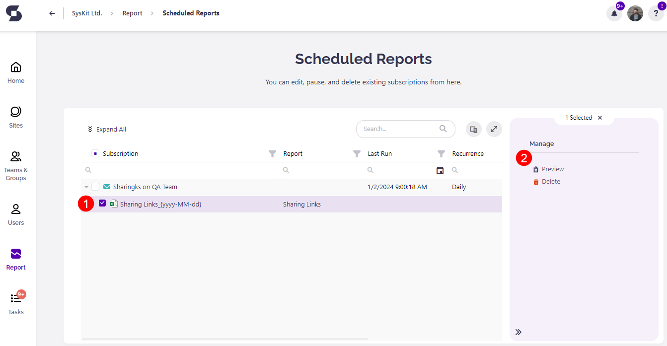 Managing Scheduled Reports - Report