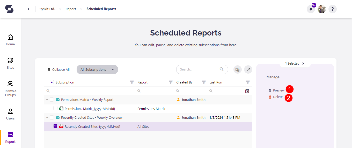 Scheduled Reports screen - Managing a report
