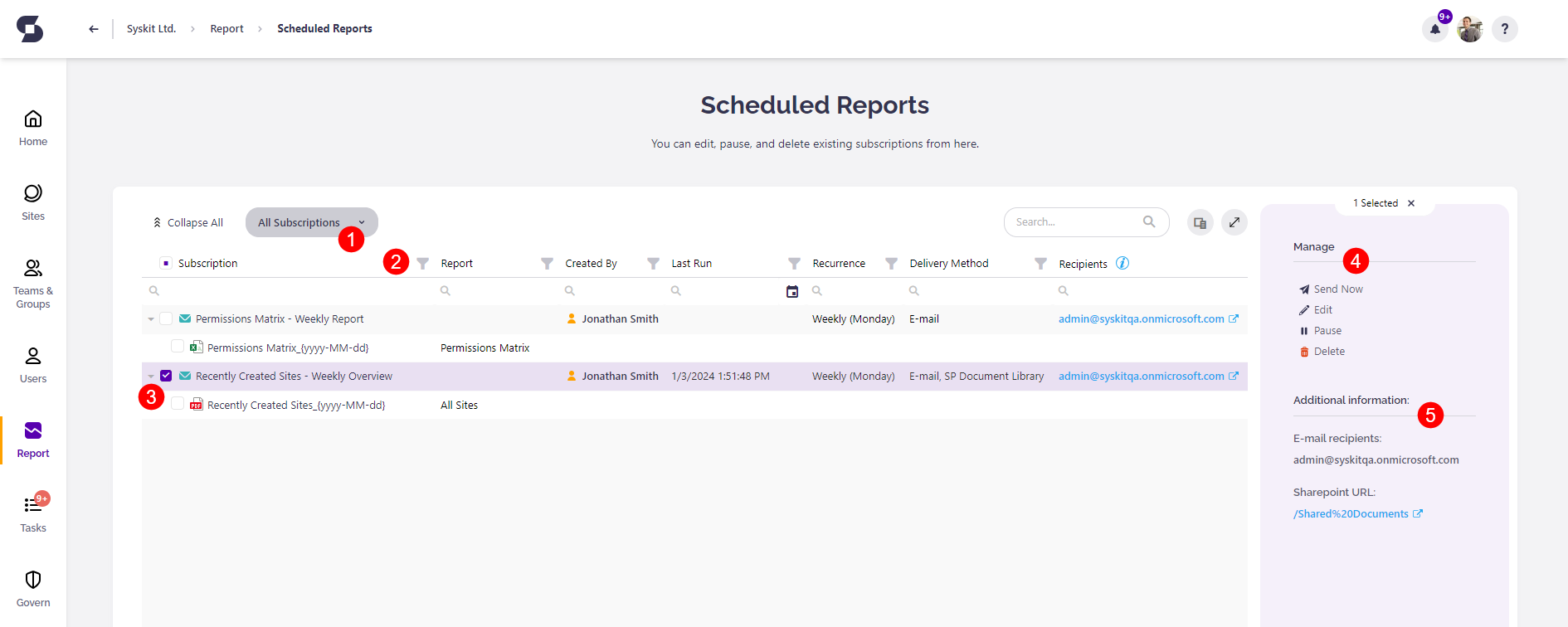 Scheduled Reports screen - Managing a subscription
