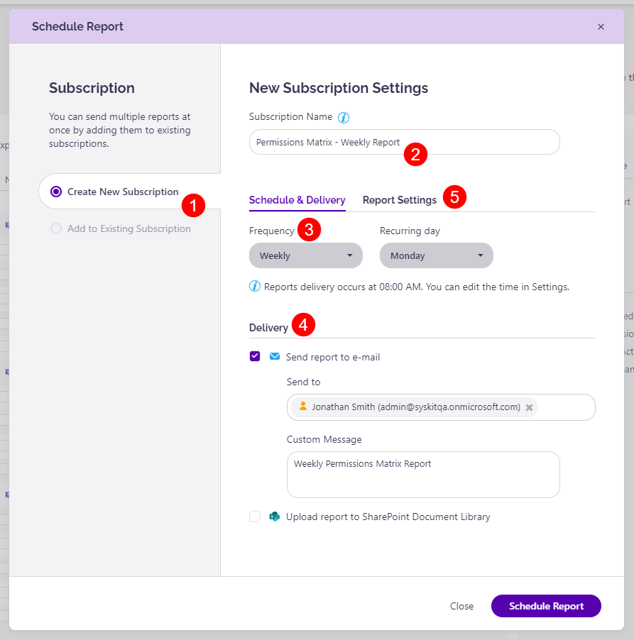 Schedule Report dialog - New Subscription