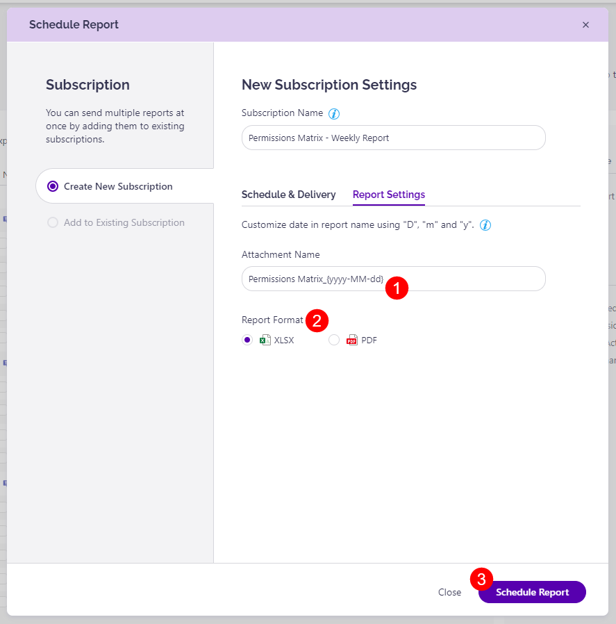 Schedule Report dialog - Report Settings