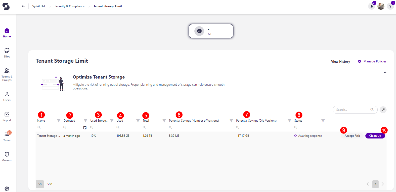 Tenant Storage Limit - Security &amp; Compliance checks report