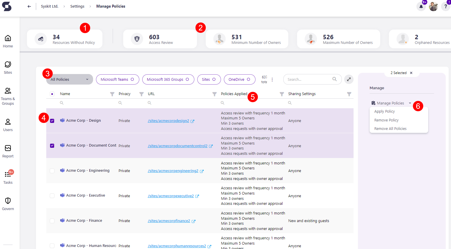 Manage Policies Screen