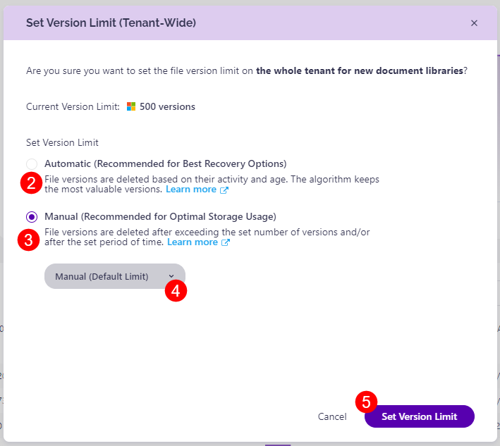 Storage Versioning Limits - Tenant - Selection
