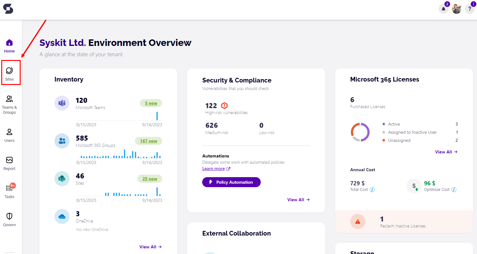 Syskit Point Home Screen - Click the Sites tile