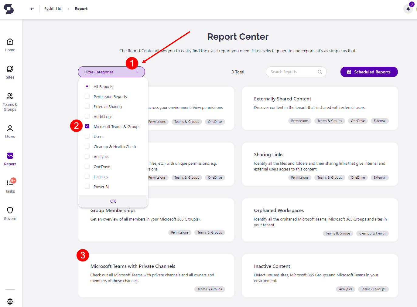 Syskit Point Report Center - Microsoft Teams with Private Channels report