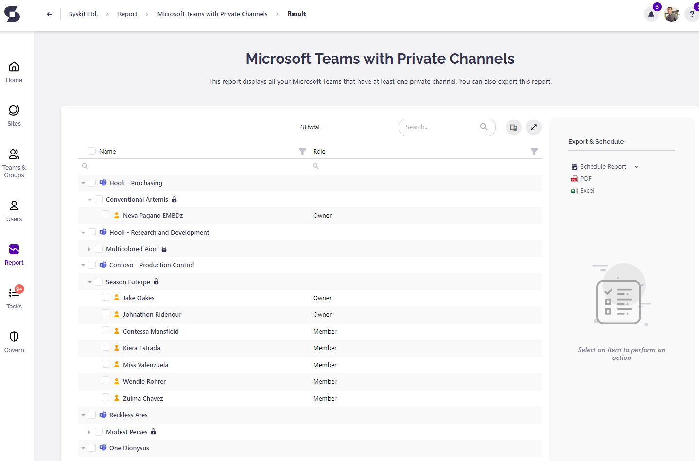 Syskit Point Report center - Microsoft Teams with Private Channels generated report
