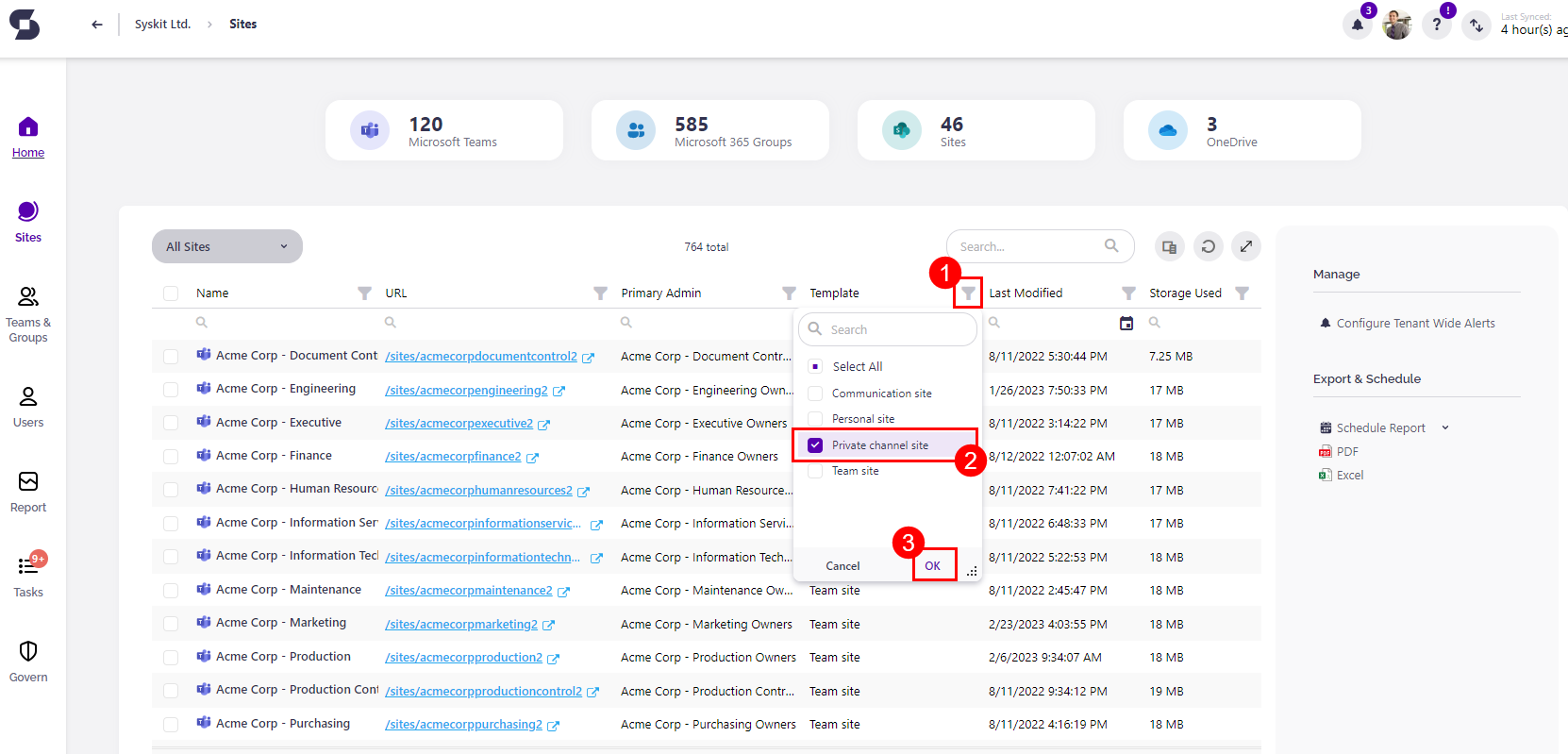 Syskit Point Site Overview - Filtering sites of Private Channels