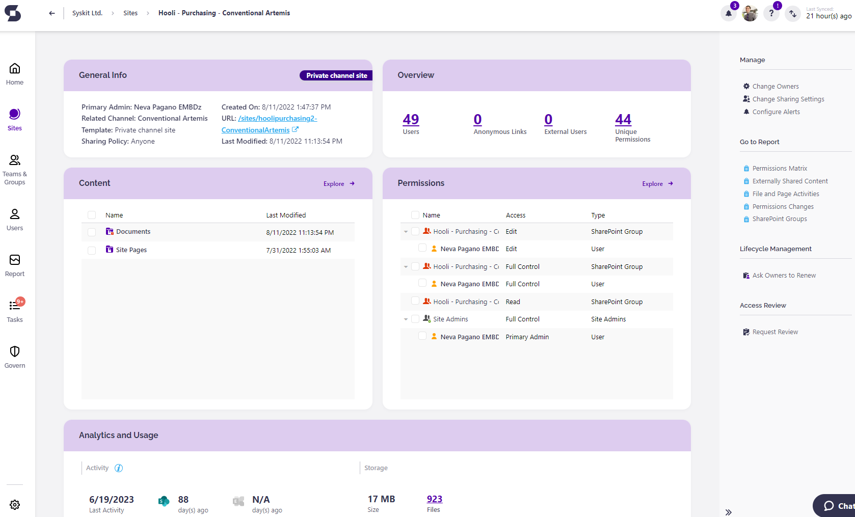 Syskit Point - Private Channel site details screen