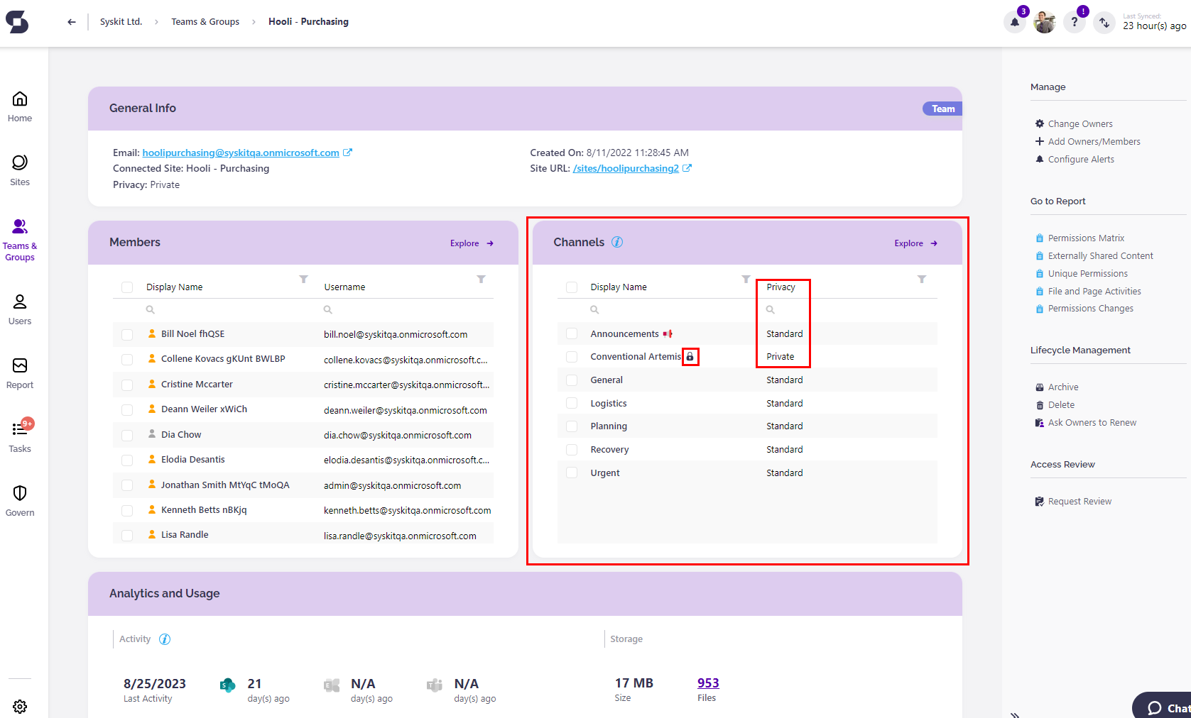 Syskit Point Group Details screen - Channels tile