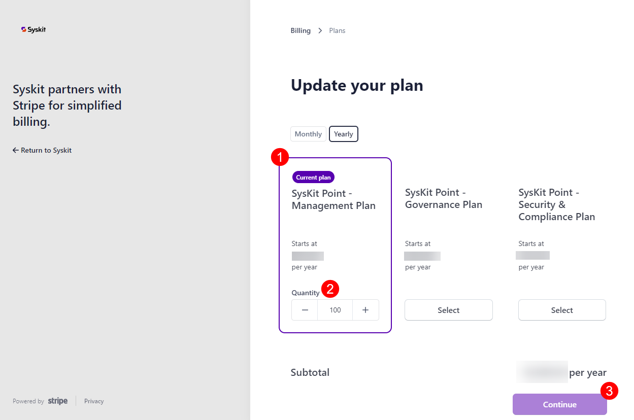 Syskit Point Subscription - Update Plan - Selection