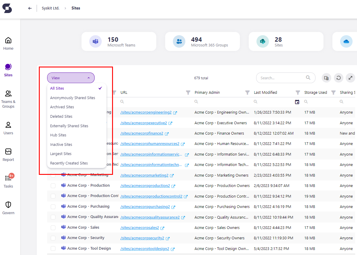 Syskit Point - Built-in Views on the Sites screen