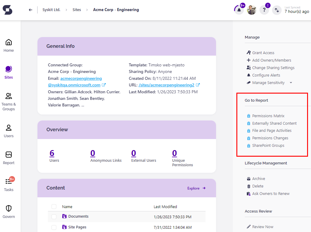 Syskit Point - Global actions on site details screen