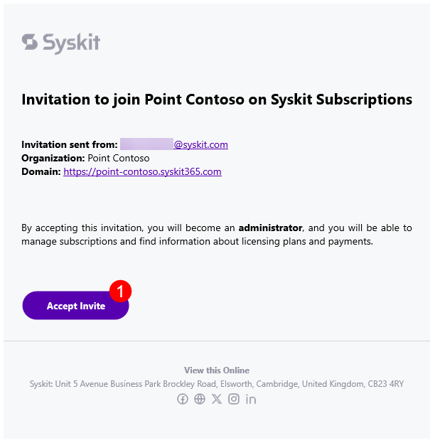 Syskit Point Subscription - Manage Subscription Admins - Invite User