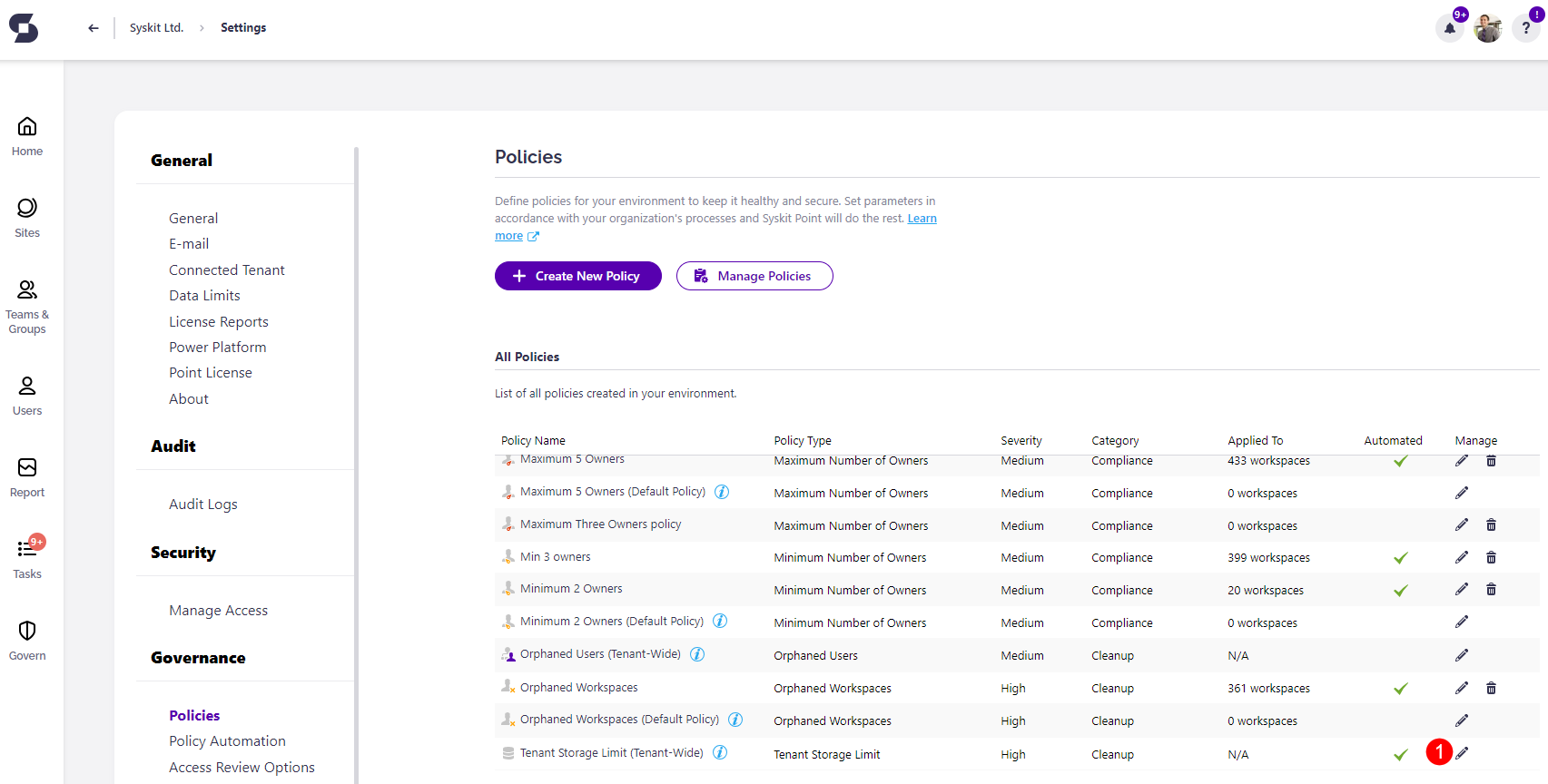 Tenant Storage Policy - Edit Policy Button