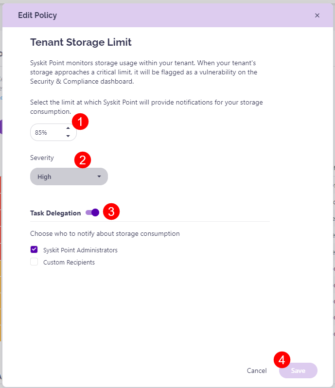 Tenant Storage Limit - Editing the Policy