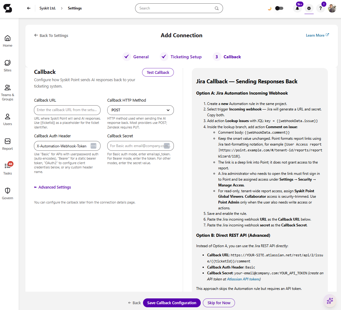 Ticketing - Jira - Callback