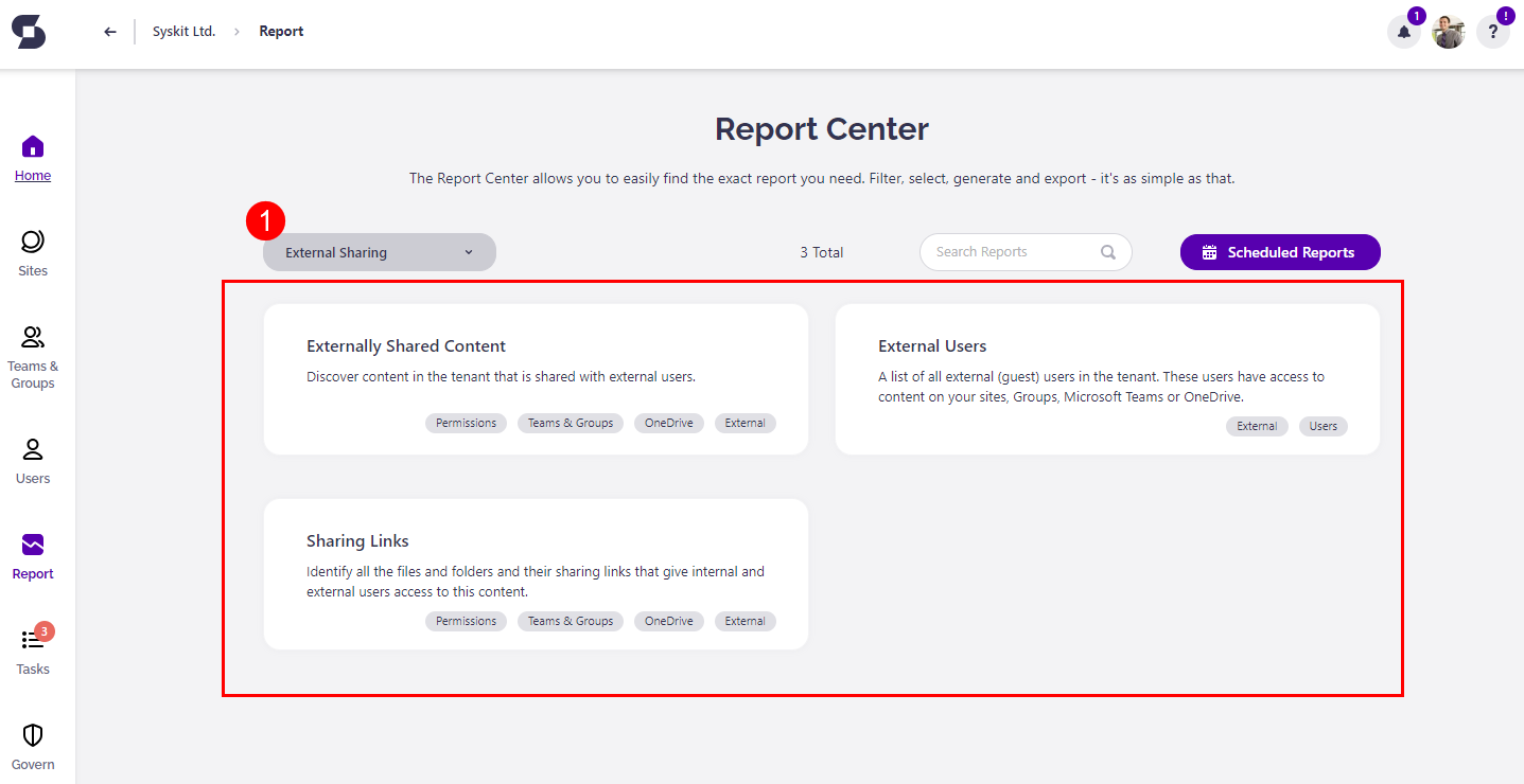 Report Center - External Sharing category selected