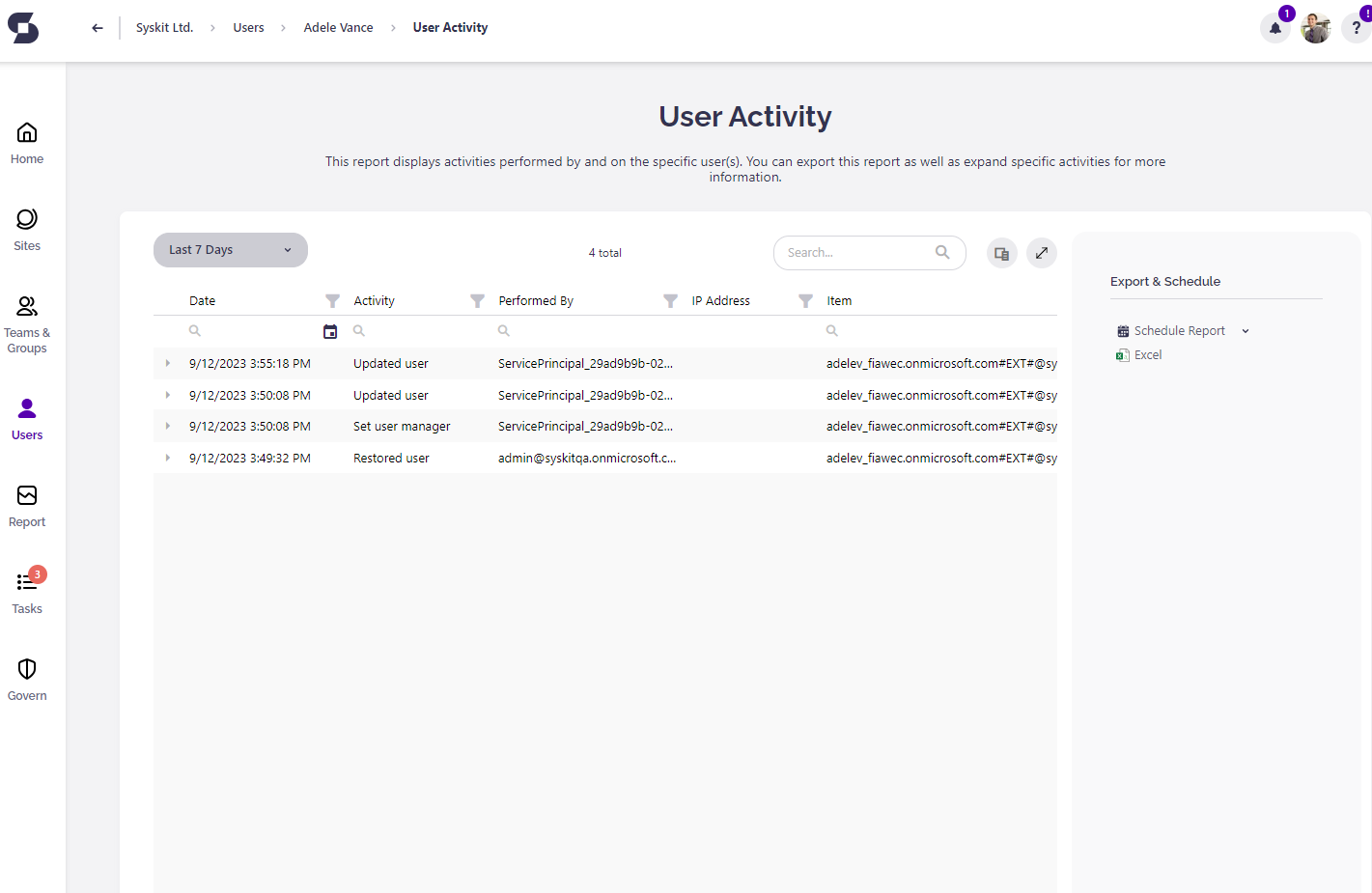 User Activity report