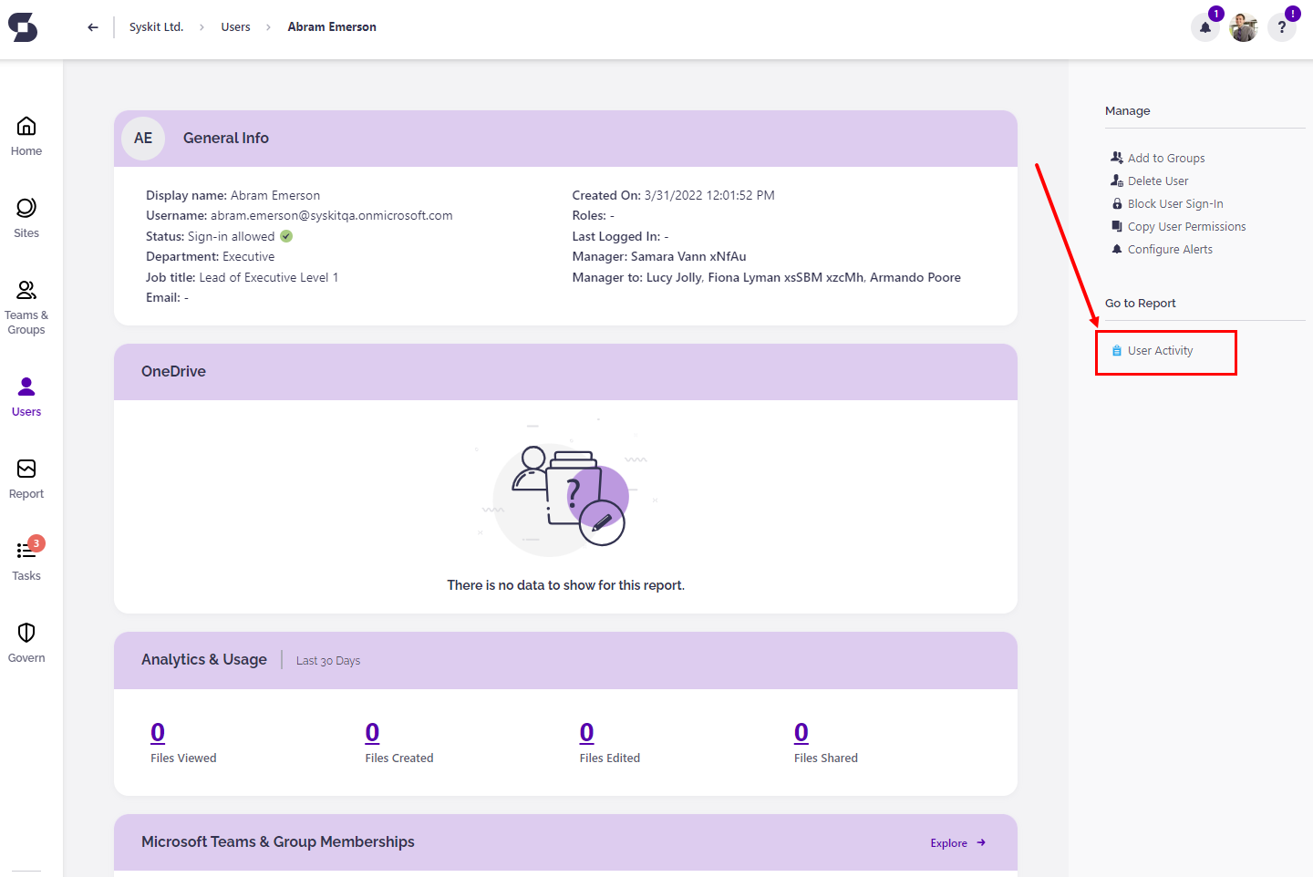 User Details screen - generate User Activity report