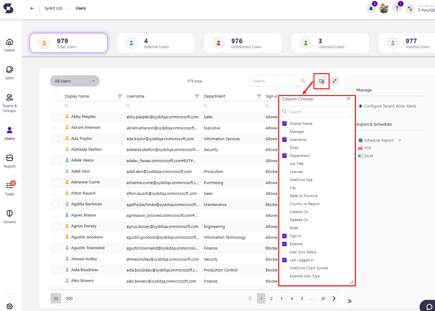 Users Overview screen - Column Chooser