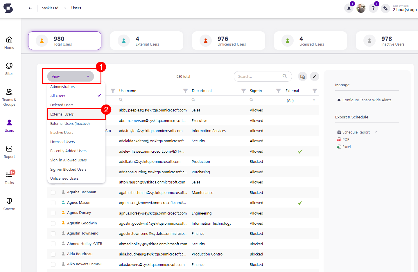 Users Overview screen - opening views (1) and selection of External Users view (2)