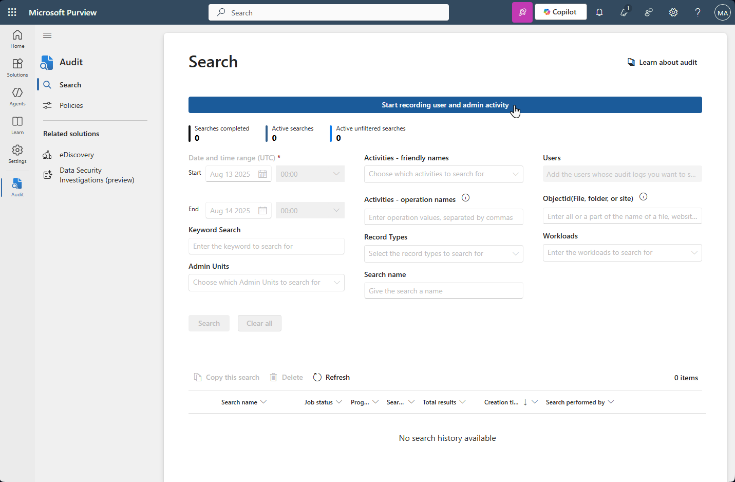 Microsoft Purview - Start recording user and admin activity