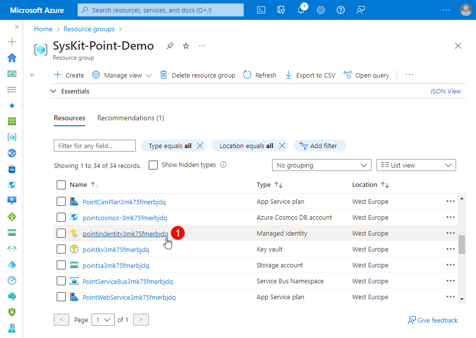 Syskit Point resource group - Managed Identity