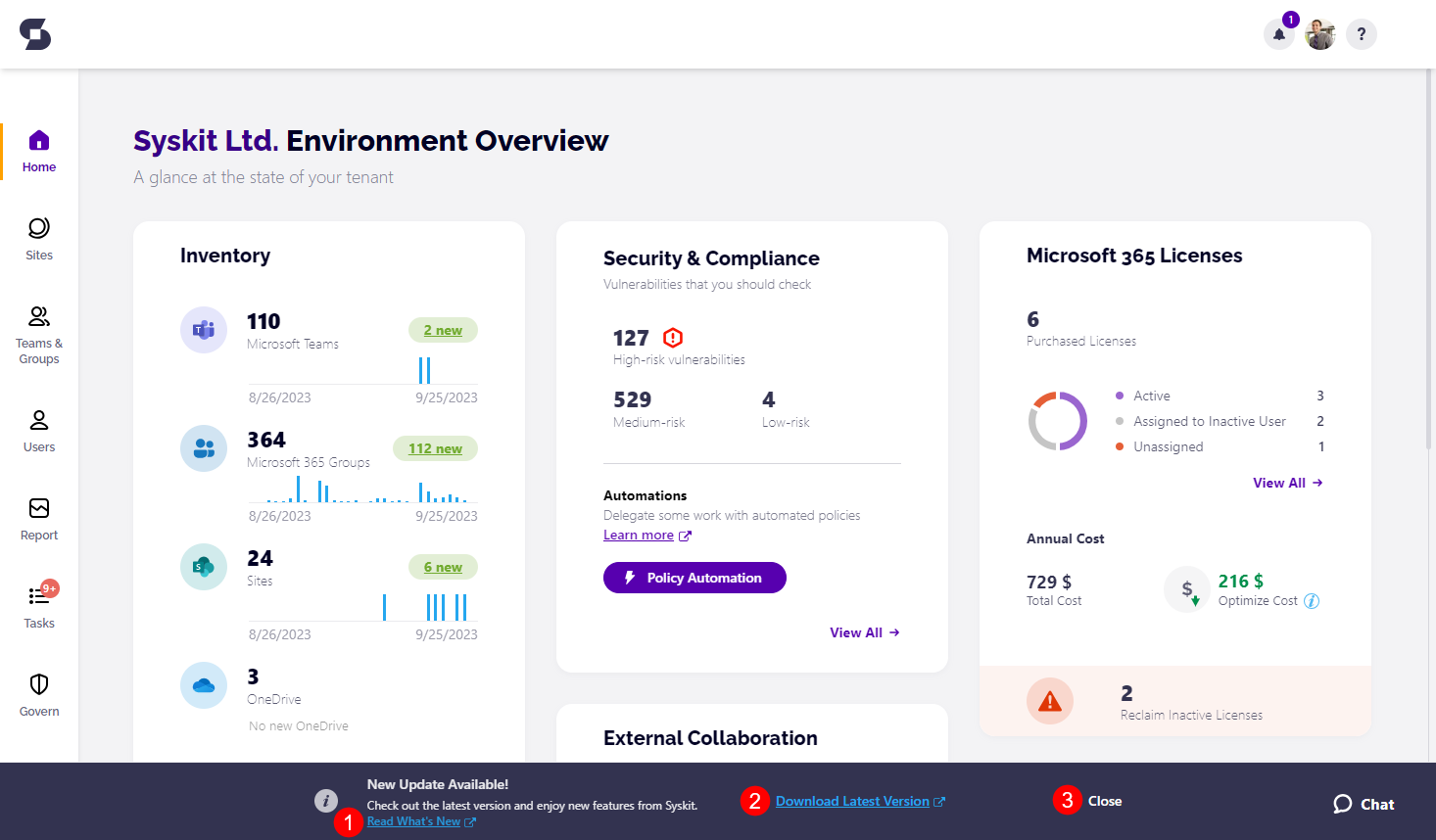 Home screen - New Update Available