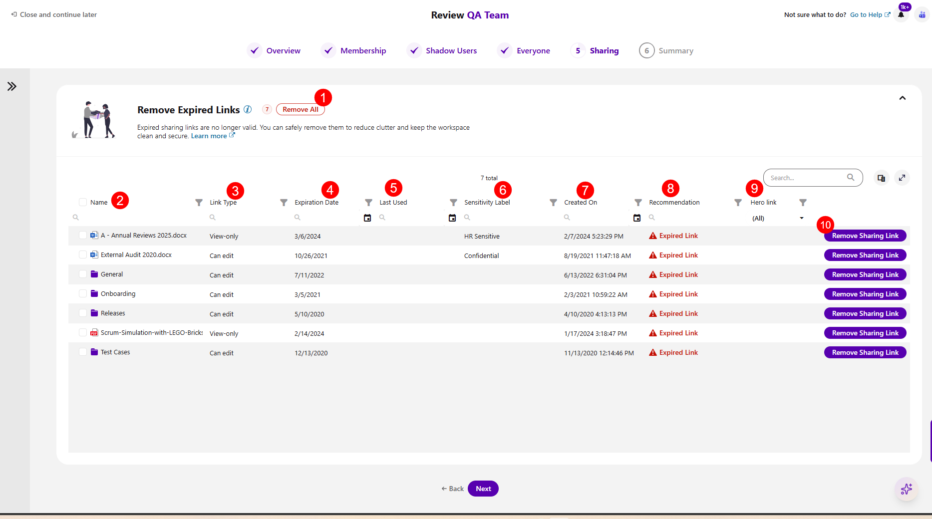 Workspace Review - Sharing Step - Expired Links