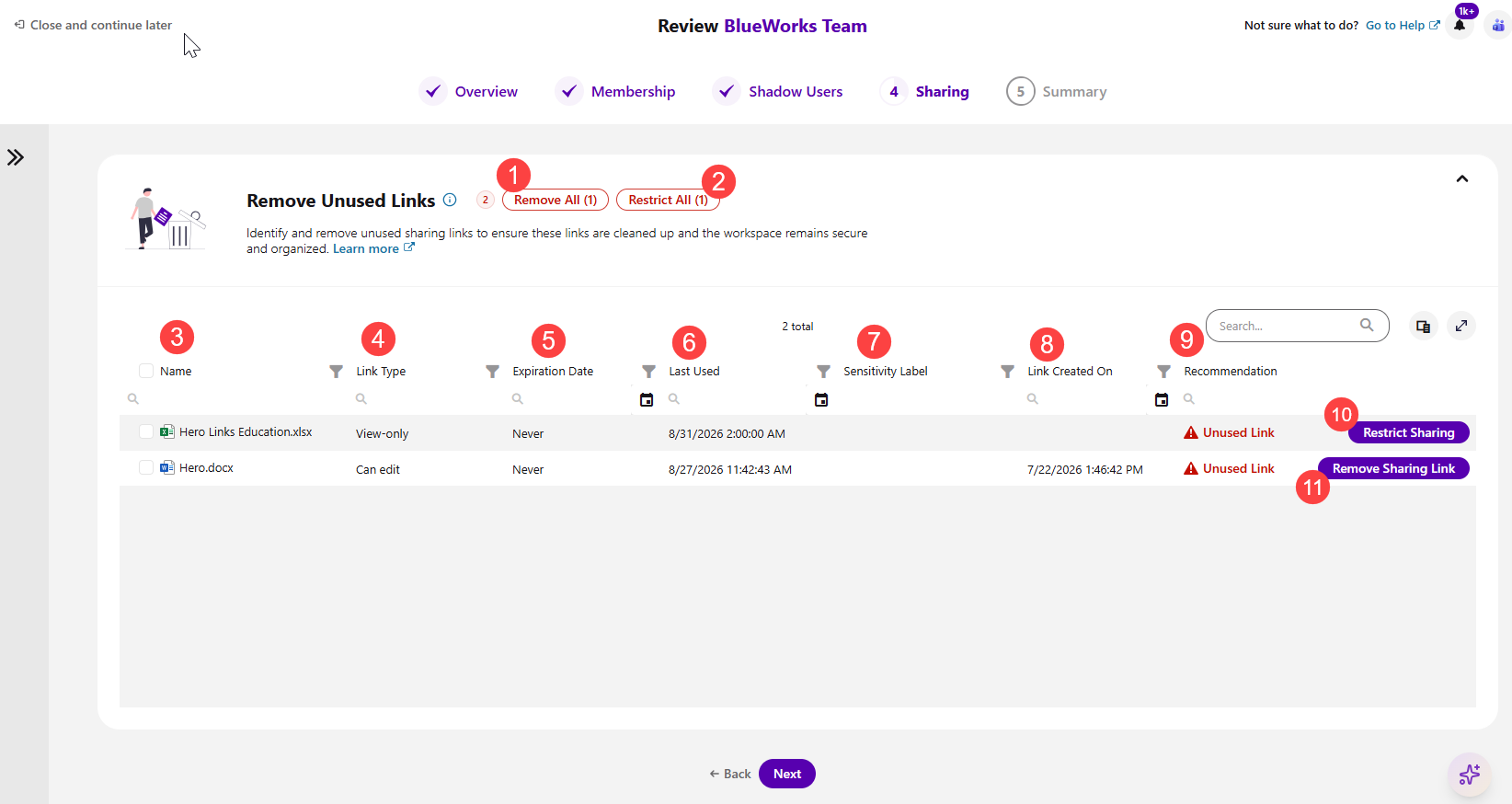 Workspace Review - Sharing Step - Unused Links